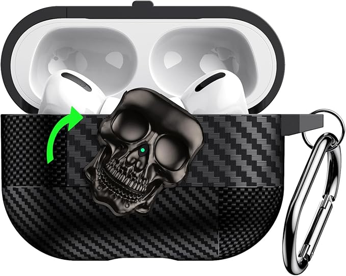 for Hard AirPods Pro 3 Case 2025|Funny 3D Skull Air Pods Pro 3 Case with Lock(Model A2700/A2931)|with Keychain|Halloween Cool Carbon Fiber Airpods 3 Pro Cases for Man Women(Black)