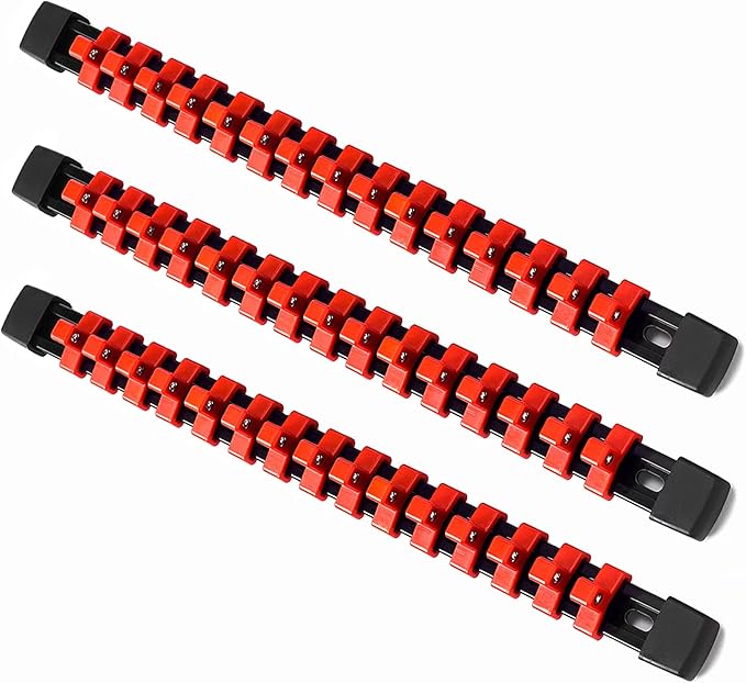 ALOANES 3PC ABS Socket Organizer, Socket Rails Fit 3/8 inch Drive, Heavy Duty Socket Holders Hold up to 45 Sockets, With Black Rails and Red Clips