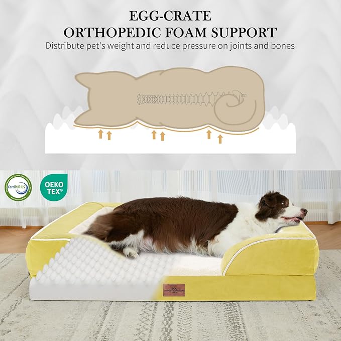 Comfort Expression Orthopedic Dog Bed for Small Dogs 24x16 Inch, Waterproof Egg Crate Foam Small Pet Bed with Removable Bolsters, Dog Couch with Washable Cover & Non-Slip Bottom, Spicy Mustard