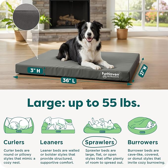 FurHaven Water-Resistant Orthopedic Dog Bed for Large Dogs, Oxford Polycanvas Mattress with Orthopedic Egg Crate Foam for Joint Support, Removable Washable Cover, Large, Stone Gray