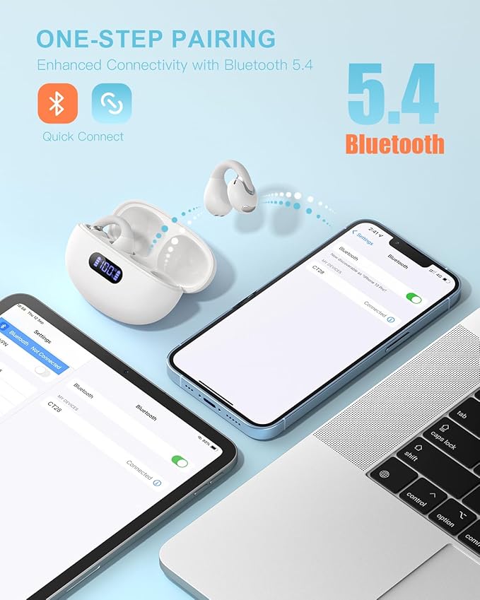 Open Ear Clip Wireless Earbuds Bluetooth 5.4, Lightweight Comfort Sports Bone Conduction Headphones Built-in Mic for Clear Audio, Stable Fit Earphones 24H Play-Beige
