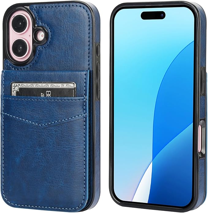 KIHUWEY Compatible with iPhone 16 Case Wallet with Credit Card Holder, Flip Premium Leather Magnetic Clasp Kickstand Heavy Duty Protective Cover for iPhone 16 6.1 Inch (Blue)