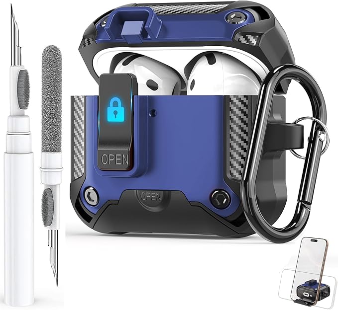 for Airpods 4 Case with Phone Stand&Lock Clip, Rugged Apple Airpods 4th Generation Cover 2024 Men Women, Armor Shockproof iPod 4 Gen Protective Hard Shell with Carabiner&Cleaner kit, Black/Blue