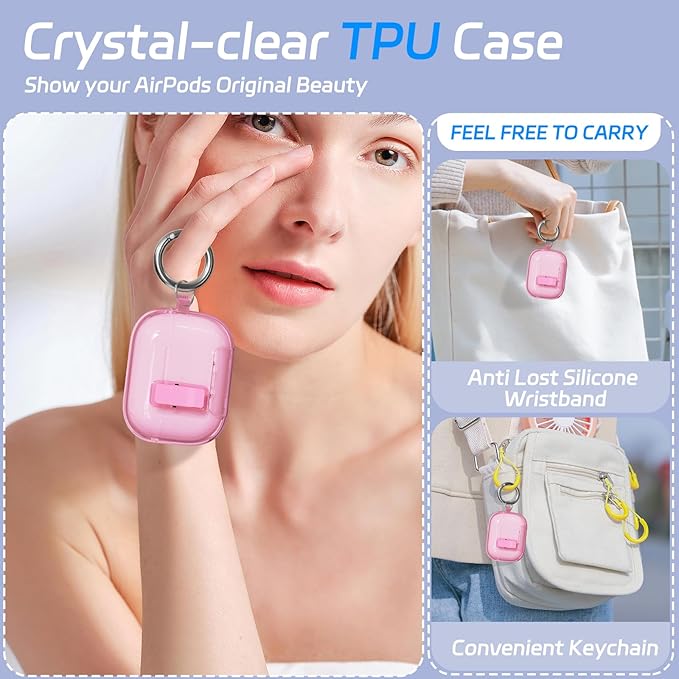 for AirPods Pro 2 Case with Phone Stand & Secure Lock, Auto-Open Clear Cover Compatible with Apple AirPods Pro 2nd/1st Gen (2023,2022,2019) with Cleaning Kit & Keychain (Clear Pink)