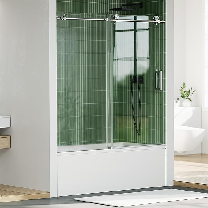 Frameless Bathtub Shower Door 56–60 Inch W × 59 Inch H, Sliding Tub Door with Fixed Panel, 8mm Coated Tempered Glass, Stainless Steel Round Rail