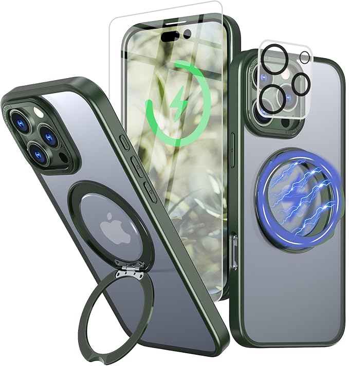 for iPhone 16 Pro Max Case with Screen Protector & Lens Protector [15 FT Military Drop Protection] Magnetic Kickstand Compatible with MagSafe Slim Translucent Case (Deep Green)
