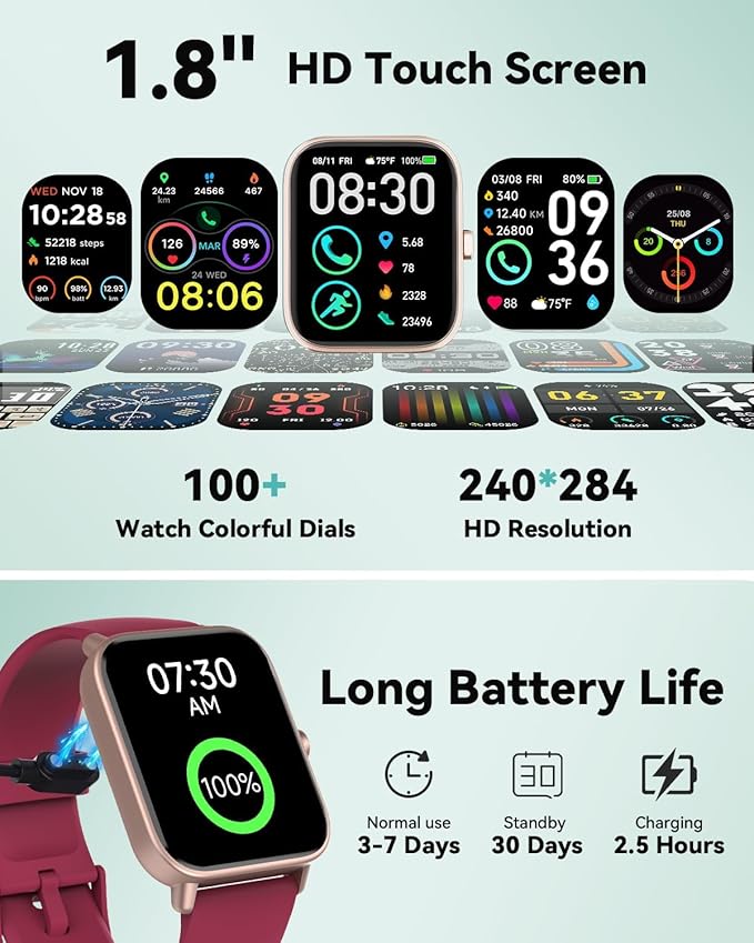 Smart Watches for Women/Men, Smart Watch for Android Phones and iPhone Compatible, Alexa Built-in, 1.8" Fitness Watches for Women, IP68 Waterproof/Bluetooth Call, Heart Rate/Sleep Monitor, Red
