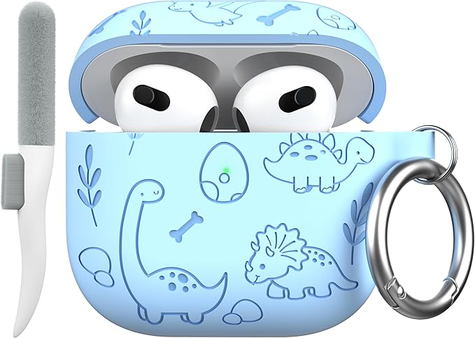 Maxjoy for AirPods 4 Case, Engraved Silicone Cute AirPod 4 Case for Women Men Protective iPod 4 Cover with Keychain Cleaning Kit for AirPod 4th Generation Cover 2024, Dinosaur Blue