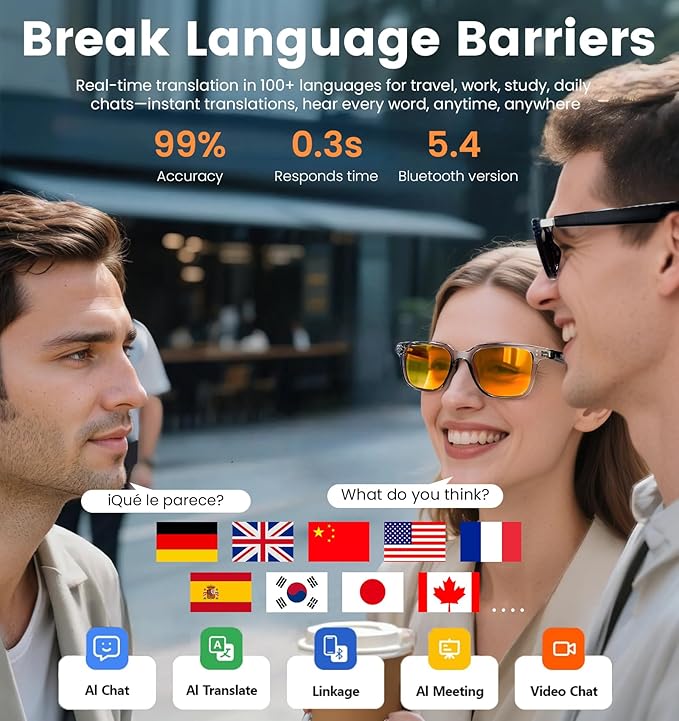 AI Translation Smart Glasses with Chat GPT for Men& Women, Bluetooth 5.4 Sunglasses with Translator 100 Languages& Accents,Multifunctional Outdoor UV Protection Glasses for Travel Trade Business-Gray
