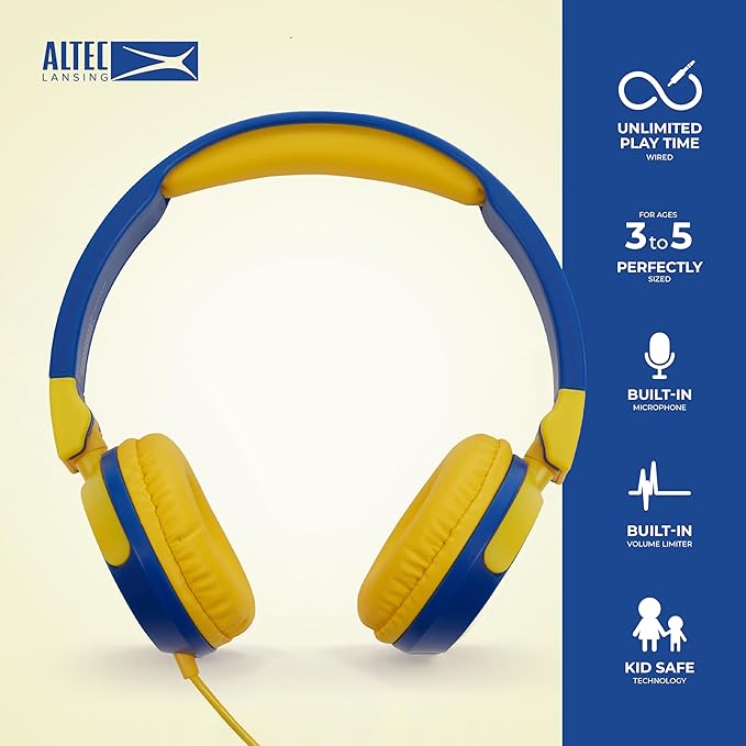 Altec Lansing Kid Safe Wired Headphones, Over Ear Headphones for Kids Ages 3-5, Volume-Limiting Toddler Headphones with Mic, Compact Foldable Kids Headphones with Cord, APA Approved (Blue/Yellow)