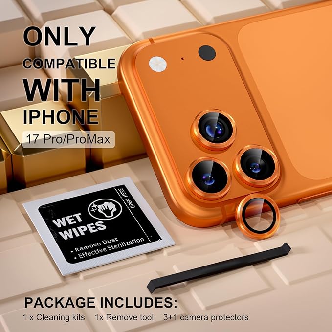 Misea Compatible for iPhone 17 Pro/iPhone 17 Pro Max Camera Lens Protector, Ultra-HD Tempered Glass Camera Cover Screen Protector Metal Individual Ring Protector Decoration Accessories, Orange