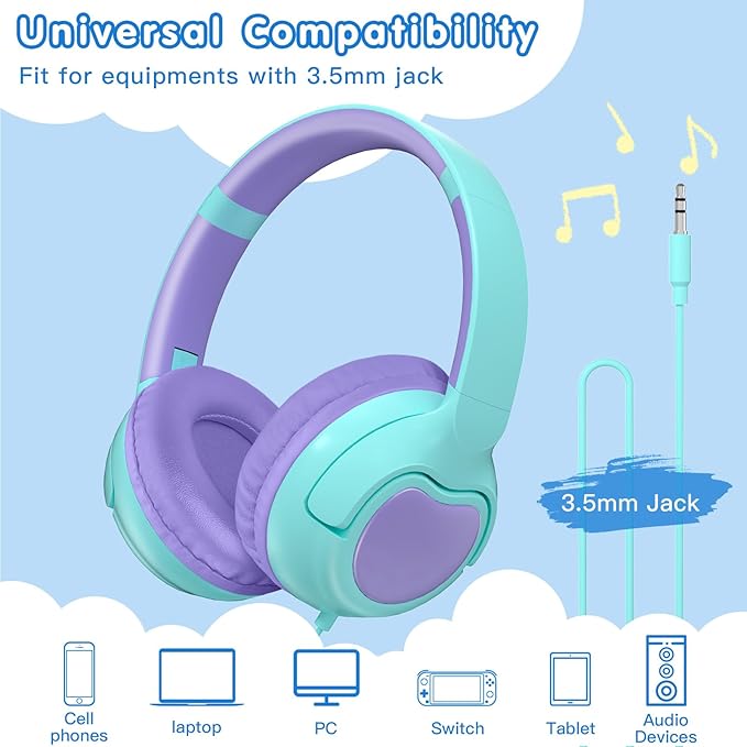 ZIHNIC Wired Kids Headphones, Safe 85dB Volume Limit for Boys & Girls, Comfortable Earpads, Foldable Design for School, Tablets, and Travel-CAYN