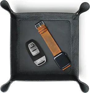 Handmade Leather Catch All Tray and Organizer for Keys, Phones, Jewels, Coins, Square - Small, Deep Black