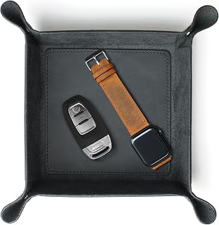 Handmade Leather Catch All Tray and Organizer for Keys, Phones, Jewels, Coins, Square - Small, Deep Black - Image 1