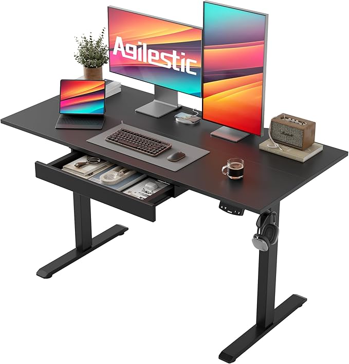 Agilestic Electric Standing Desk with Integrated Drawer, Height Adjustable Desk, Ergonomic Rising 48"x24" Wooden Desk, Sit-Stand Workstation with Memory Presets for Work Home Office, Black
