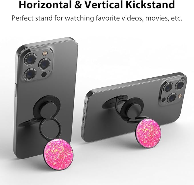 Phone Ring Holder, Phone Grip Holder Finger Kickstand, Foldable & Adjustable Metal Cell Phone Rings Gripper Stand Work with Magnetic Car Mount for iPhone Samsung & Other Phones - Sparkle Pink