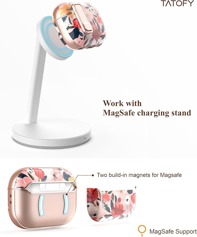 TATOFY for AirPods Pro 2nd Generation Case with Lock Carabiner Cleaner, Slim AirPod Pro 1st & 2nd Hard Case Cover, Compatible with MagSafe (Water Pink)