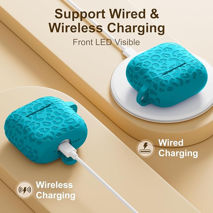 Leopard Engraved for AirPods 4 Case Cover 2024,Soft Silicone Protective Case Compatible with Apple AirPods 4th Generation Case for Women,Cute AirPod 4 Case Accessories with Keychain (Teal)