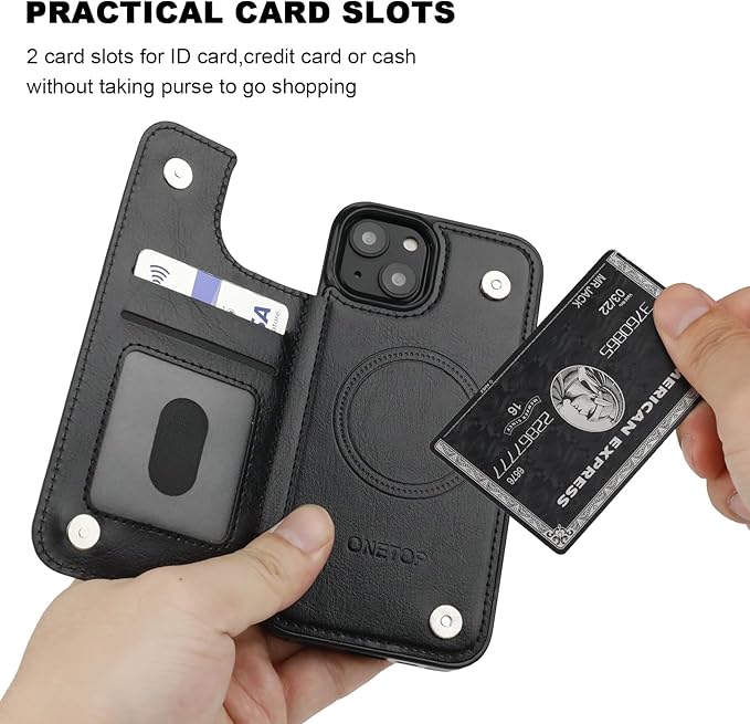 ONETOP Compatible with Magsafe for iPhone 13 Mini Wallet Case with Card Holder, PU Leather Kickstand RFID Blocking Case, Double Magnetic Clasp and Durable Shockproof Cover 5.4 Inch (Black)