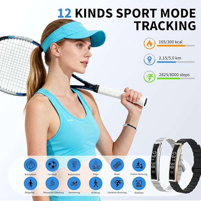 Lightweight Smart Bracelet for Women Men, Step Tracker Watch Wristband With 24/7 Heart Rate Sleep Monitor, 12 Sport Modes Fitness Trackers, Waterproof Health Band Fits Android IOS (Gray+Black)