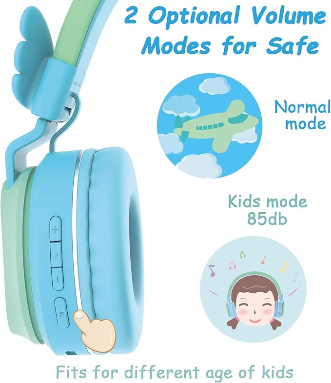Riwbox BT05 Bluetooth Kids Headphones Wireless Foldable Headset Over Ear with Volume Limited and Mic/TF Card Compatible for iPad/iPhone/Tablet (Green&Blue)