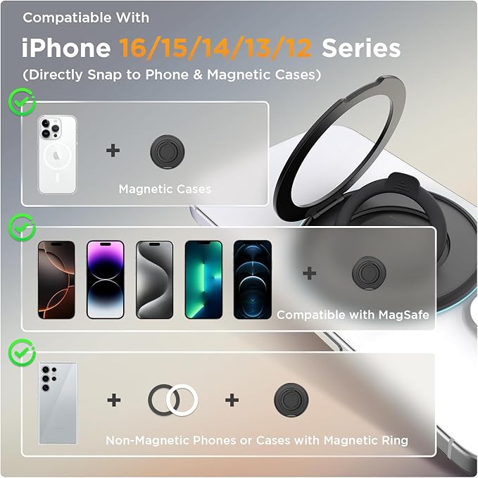 SURPHY Magnetic Phone Ring Holder for MagSafe, Cell Phone Grip Stand and Silicone Finger Ring Compatible with MagSafe Accessories, Kickstand for iPhone 16 15 14 13, Black