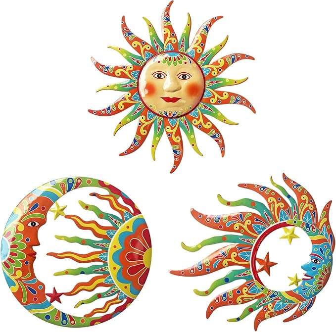 Limygus 3D Printed Sun Moon Metal Wall Art - Rust Colored Rust Proof Wall Sculpture Set of 3 for Indoor & Outdoor Decor for Bedroom, Garden, Patio, Farmhouse