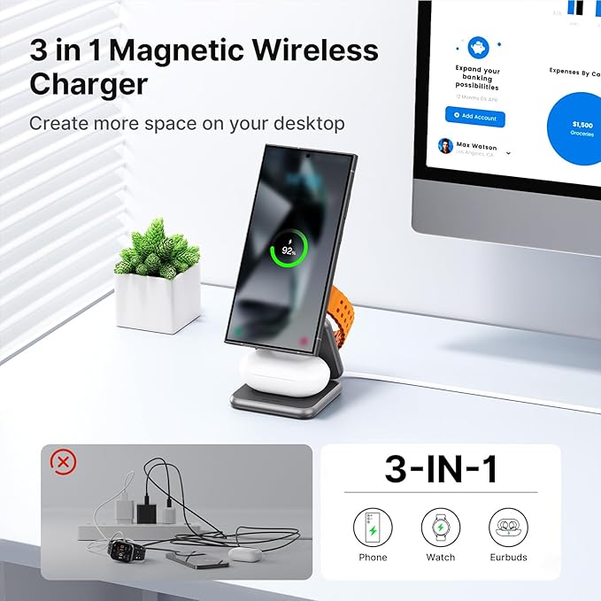 KU XIU Wireless Charger for Samsung,Zinc Alloy Foldable 3 in 1 Wireless Charging Station for Samsung Galaxy S26 S25 Ultra S24 S23 Note Z Fold 7 Flip/Buds,Fast Charger for Galaxy Watch Ultra 8 7 6 5 4