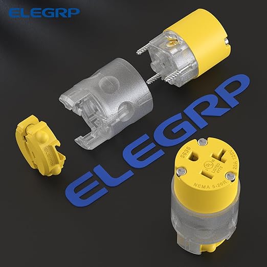ELEGRP Lighted Straight Blade Electrical Plug and Connector Set 20 Amp 125 Volt NEMA 5-20P NEMA 5-20R 2 Pole 3 Wire Grounding, Commercial Grade, Yellow, 5 Set