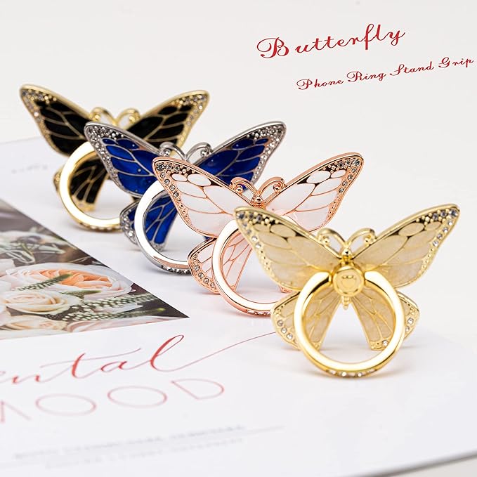 Butterfly Cell Phone Ring Grip Holder, 360 Degrees Rotation, Metal Finger Kickstand Compatible with iPhone, Samsung Galaxy, LG Google Pixel, Android Phone