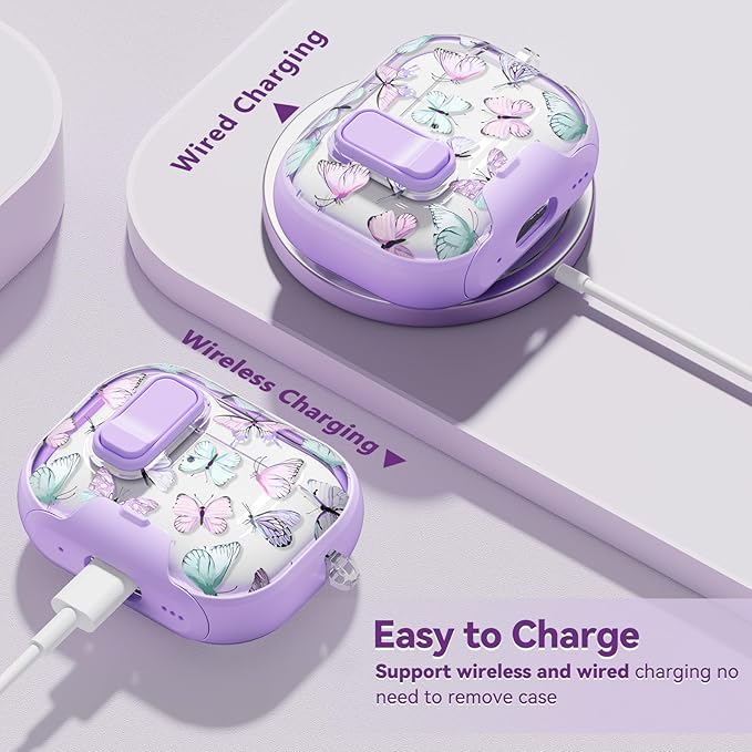 with Safety Lock for AirPods Pro 2nd 1st Generation Case Cover,Clear Butterfly Floral Cute with Phone Stand & Cleaner Kit for AirPod Pro Case for Women Girly-Purple