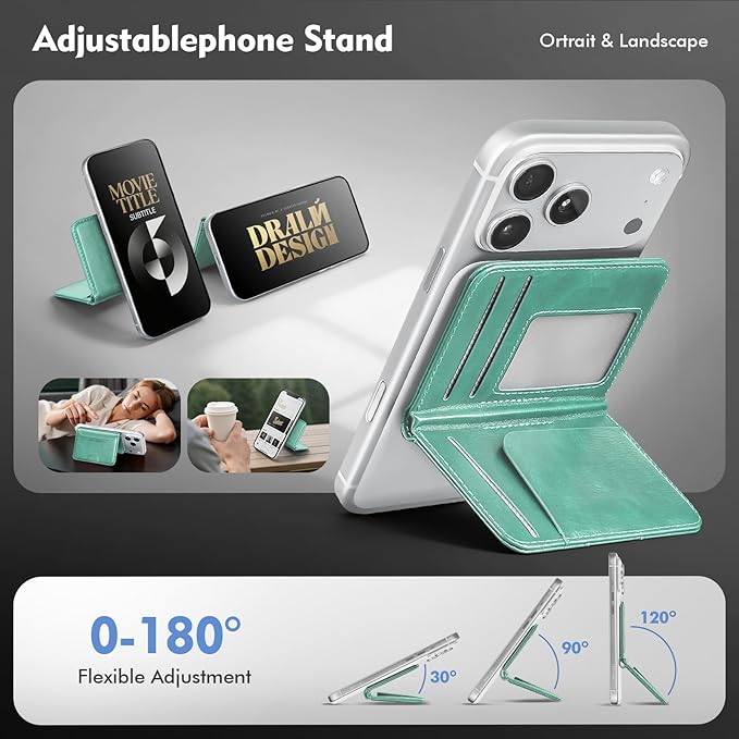 Antsturdy for Magsafe Wallet Stand with Holder,PU Leather RFID Blocking Card Holder,5 Card Slots,Strong Magnet Minimalist Flip Folio Kickstand for iPhone 17/16/15/14/13/12/Pro/Max/Plus/Air,Blue Green
