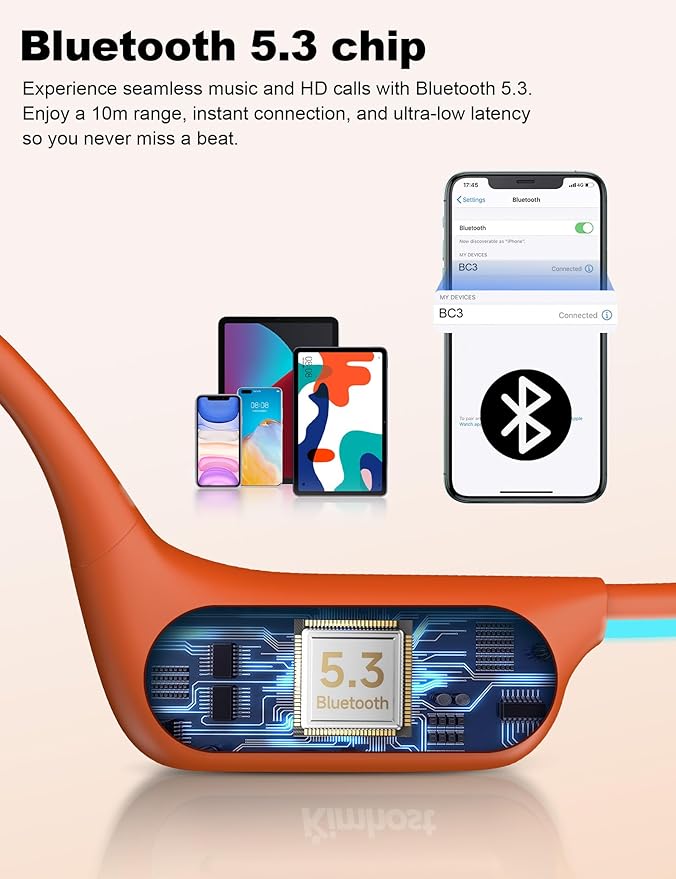 Bone Conduction Headphones, Open Ear Headphones with MP3 Mode 32GB, 10Hrs Playtime IP68 Waterproof Swimming Headphones Secure Fit for Running, Cycling, Work, Gift（Orange）