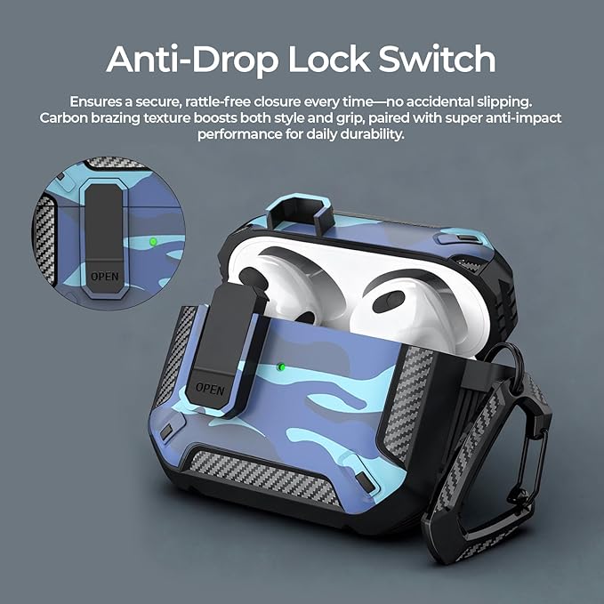 for AirPods Pro 3 Case, Secure Lock Cases Cover with Carabiner Compatible with Airpods Pro 3rd Generation Case, Full Body Shockproof Protective AirPod Case for Men WomenCamouflage Blue