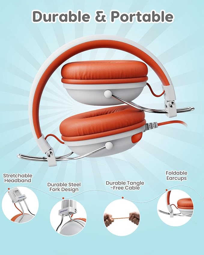 Kids Headphones, 74/85dB Safe Volume Limit, Stereo Sound, Wired On-Ear Headphones for Kids Boys Girls, 3.5mm Jack for Tablet, iPad, Kindle, YOTO Player, Airplane Travel, White