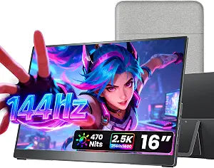 cocopar Portable Monitor 16 Inch 2.5K QHD 110% sRGB 144Hz USB-C, 120Hz HDMI, Travel Monitor with Speaker Second Screen for Laptop MacBook Surface PC Xbox PS4/5, VESA Mountable, with Kickstand