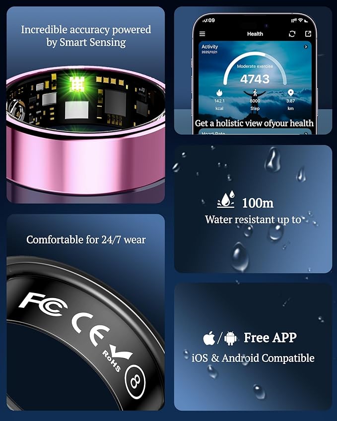 Smart Ring for Women & Men with Display, Health Ring with Heart Rate, Sleep Monitor, IP68 Waterproof Fitness Ring, Fitness Tracker Ring, No APP Fee for iPhone and Android (Pink, 9#)