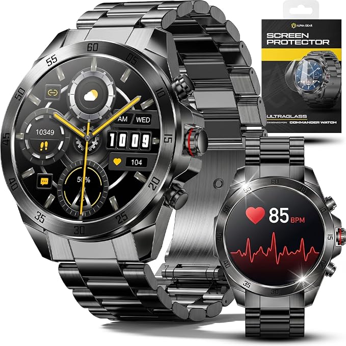 ALPHAGEAR Commander Smartwatch for Men, 1.43" AMOLED Large Screen, Full Metal Stainless Steel Smart Watch, 12-Day Battery, Bluetooth Calling, IP68 Water Resistant, for Android iPhone, Dark Gray