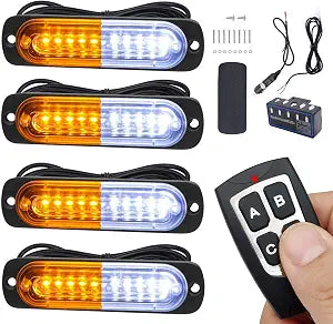 Led Strobe Lights for Trucks Vehicles Suvs,12-24v 4pcs Emergency Warning Caution Hazard Construction Slim Sync Feature Car with Main Control Surface Mount (White Amber)