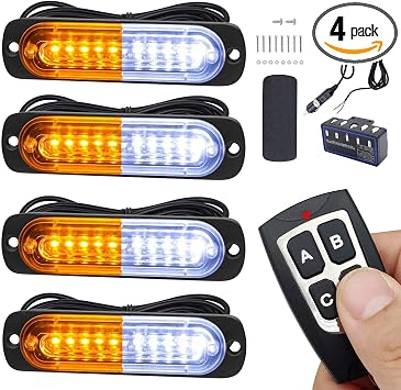 Led Strobe Lights for Trucks Vehicles Suvs,12-24v 4pcs Emergency Warning Caution Hazard Construction Slim Sync Feature Car with Main Control Surface Mount (White Amber)
