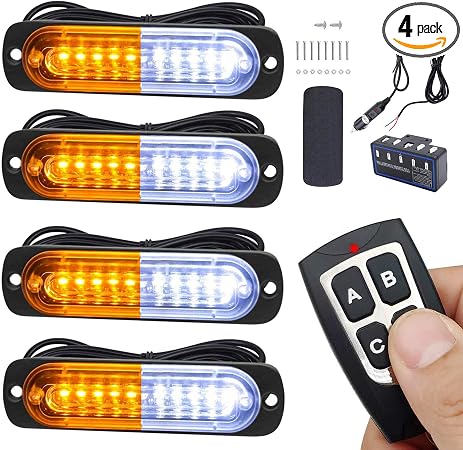 Led Strobe Lights for Trucks Vehicles Suvs,12-24v 4pcs Emergency Warning Caution Hazard Construction Slim Sync Feature Car with Main Control Surface Mount (White Amber)