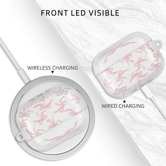 Compatible with AirPods Pro 2 Case Cover 2022, Soft TPU with Cute Flower Pattern for AirPods Pro 2nd/1st Generation Case with Flower Keychain and Carabiner for Girls Women (Pink Bow)