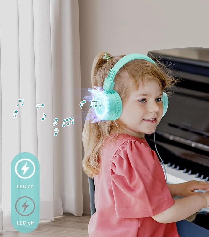 Kid Headphones for School, USB Type C Kids Headphone with LED Lights, Wired Boys Girls Headphones with Safe Limiter 85dB/94dB, Foldable On Ear Headphones with Microphones for School/iPad, Green