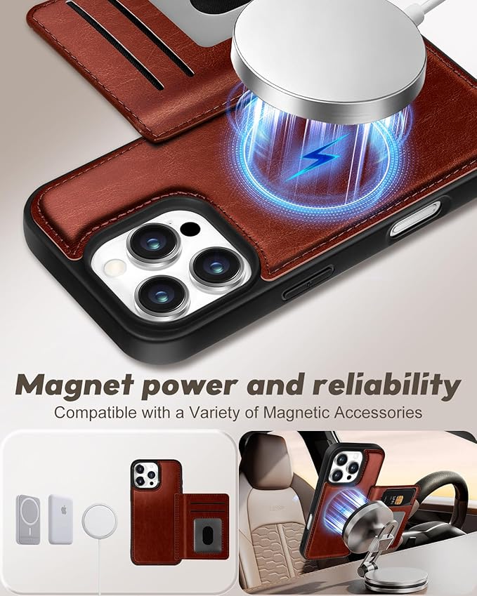 for iPhone 16 Pro Case with Wallet - Fits 4 Card Slots, Compatible with MagSafe for Women Aesthetic Durable PU Leather Credit Card Holder Kickstand Phone Cover for Apple 16 Pro, Brown