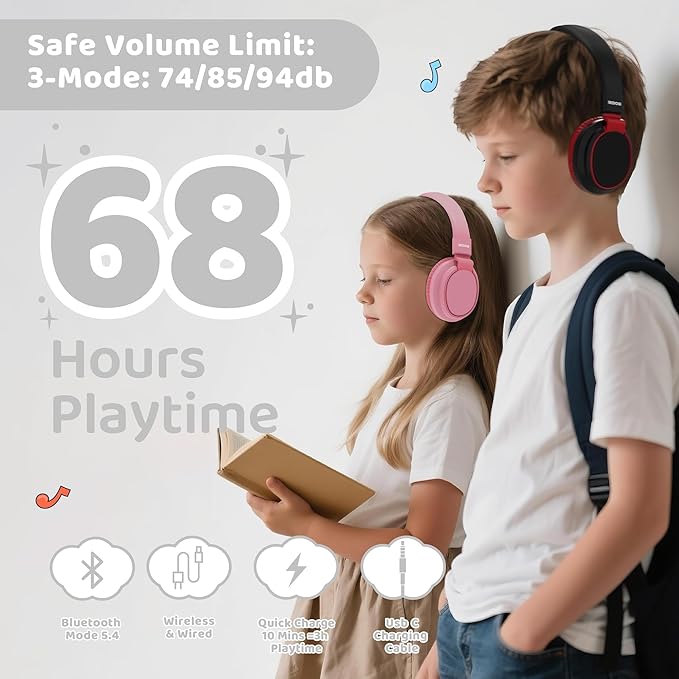 MIDOLA Kids Headphones Bluetooth 5.3 Wireless 60H Play Time Volume Limited 85/110dB Over Ear Foldable Protection Headset/Wired Aux Built-in Mic for Boy Girl Travel School Pad Tablet Black