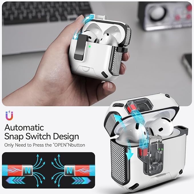 for AirPods 4 Case (2024) with Phone Stand,（with Automatic Snap Switch） Carbon Fiber Design Protection Cover with Cleaning Pen,White