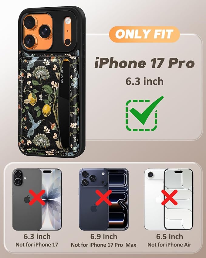 for iPhone 17 Pro Case with Wallet - Fits 4 Card Slots, Compatible with MagSafe for Women Aesthetic Durable PU Leather Credit Card Holder Kickstand Phone Cover for Apple 17 Pro, Lemon Bird