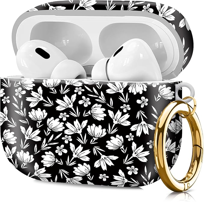 Compatible with Airpod pro 2nd/1st Generation Case Cover with Gold Round Keychain Cute Pattern Hard & Anti Slip Cover for Men Women & Girls（White Flower）