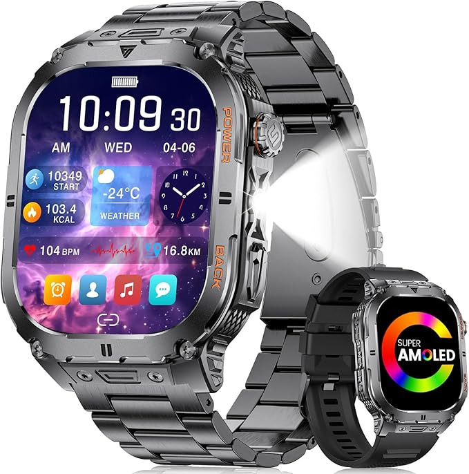 SUNKTA Military Smart Watch for Men,2.13''AMOLED/430mAh Battery Smart Watches with LED Flashlight for Android iOS (Bluetooth Call Answer/Calls) Fitness Tracker with Heart Rate/Sleep Tracking Black
