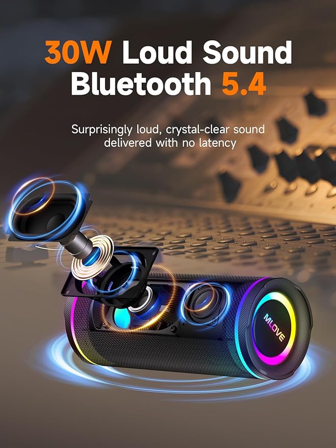 MLOVE E80 Speakers Bluetooth Wireless, Portable Bluetooth Speaker with Aux Input, Micro SD Card Slot, Bass Up, TWS, RGB Lights, IPX7 Waterproof, BT5.4 for Outdoor, Car Music, Beach, Gifts, 30W, Black